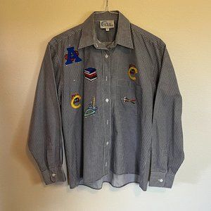 Long-sleeve button-down blouse with teacher embellishments